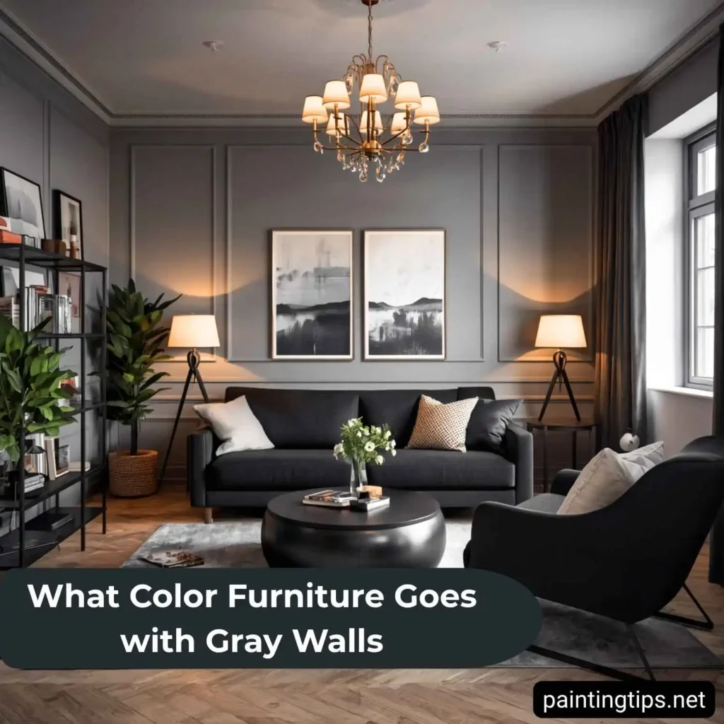 Black couch with gray walls.