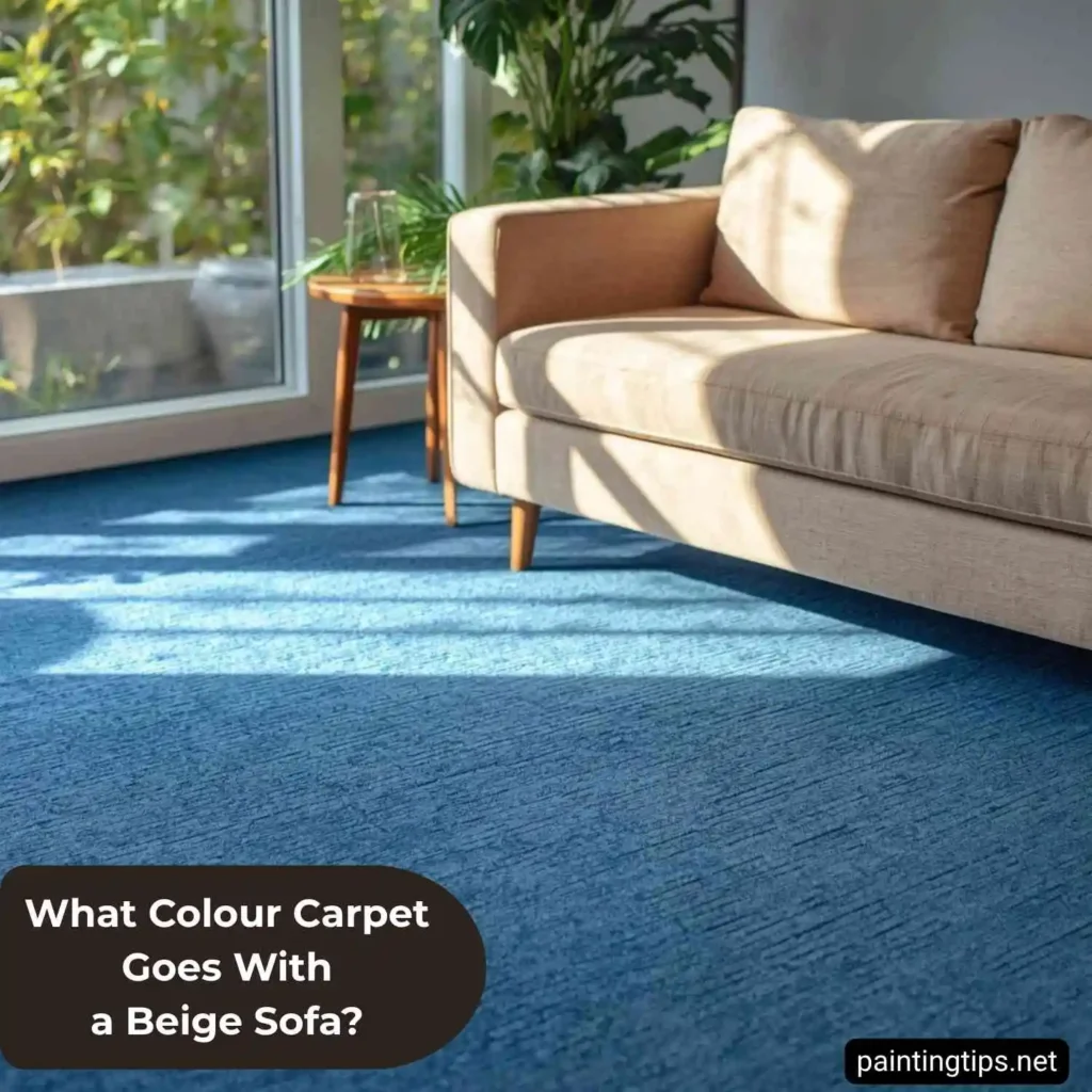 Blue carpet with beige sofa.