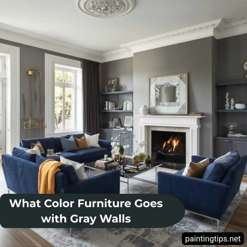 Blue sofa with gray walls.