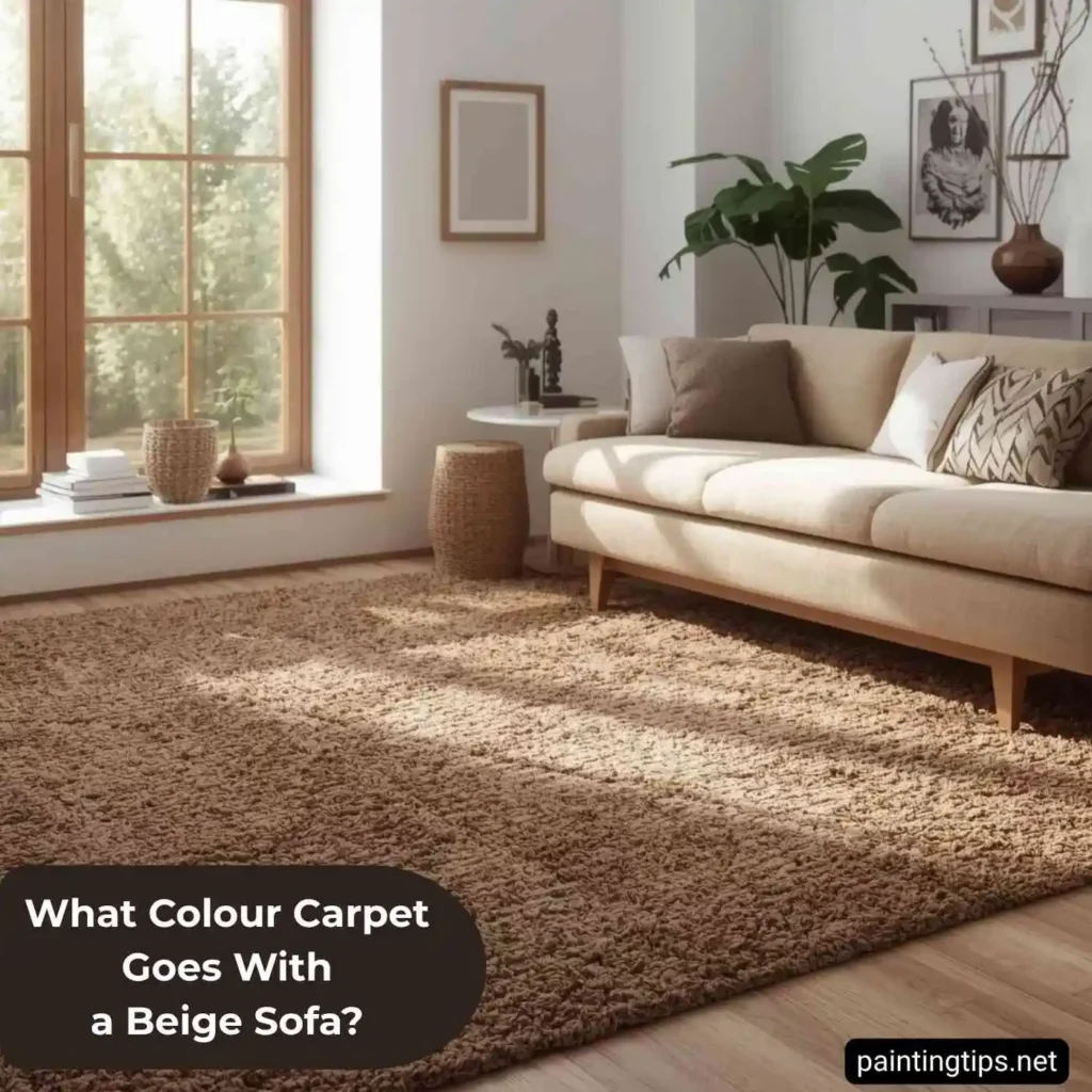 Brown carpet with beige sofa.