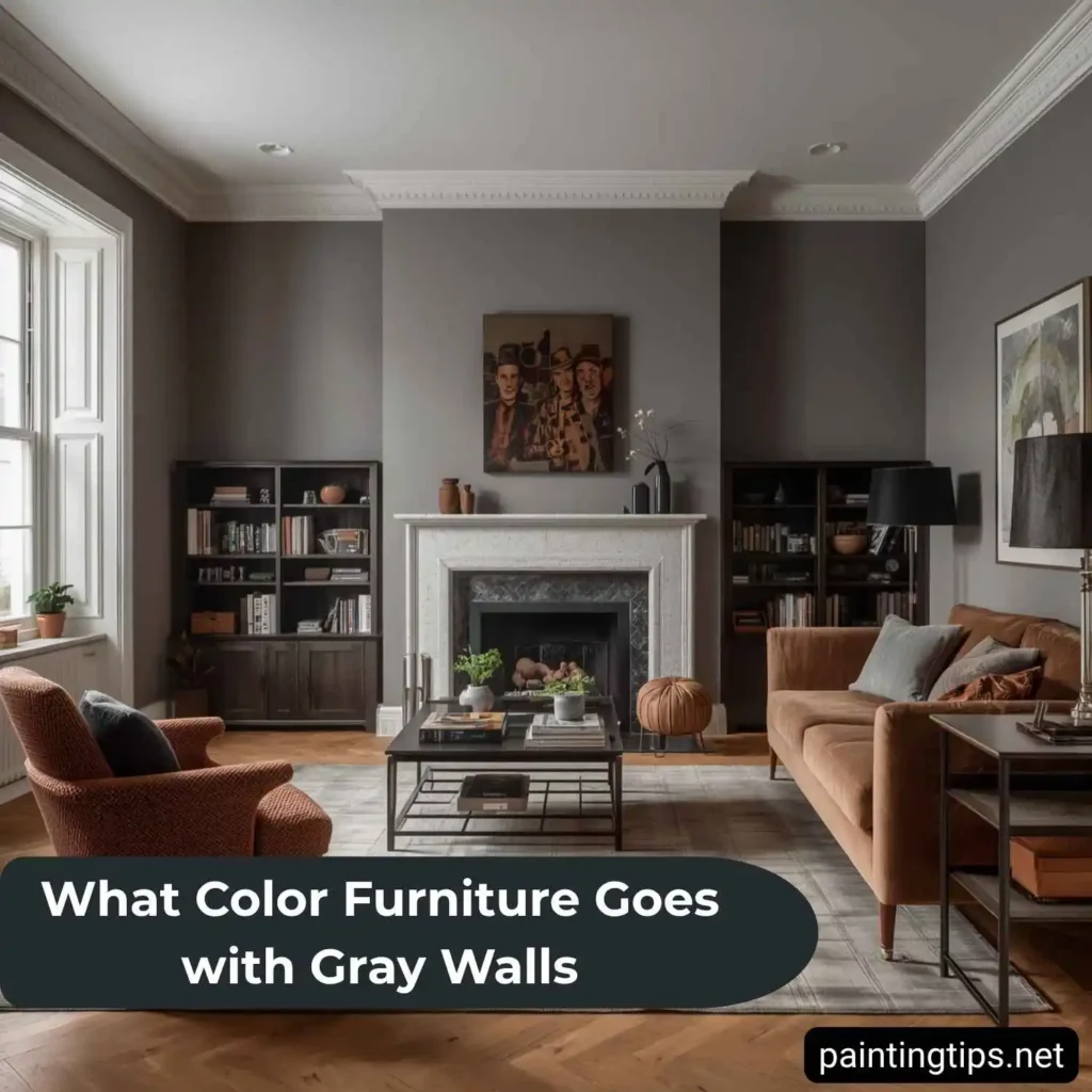 Brown couch with gray walls