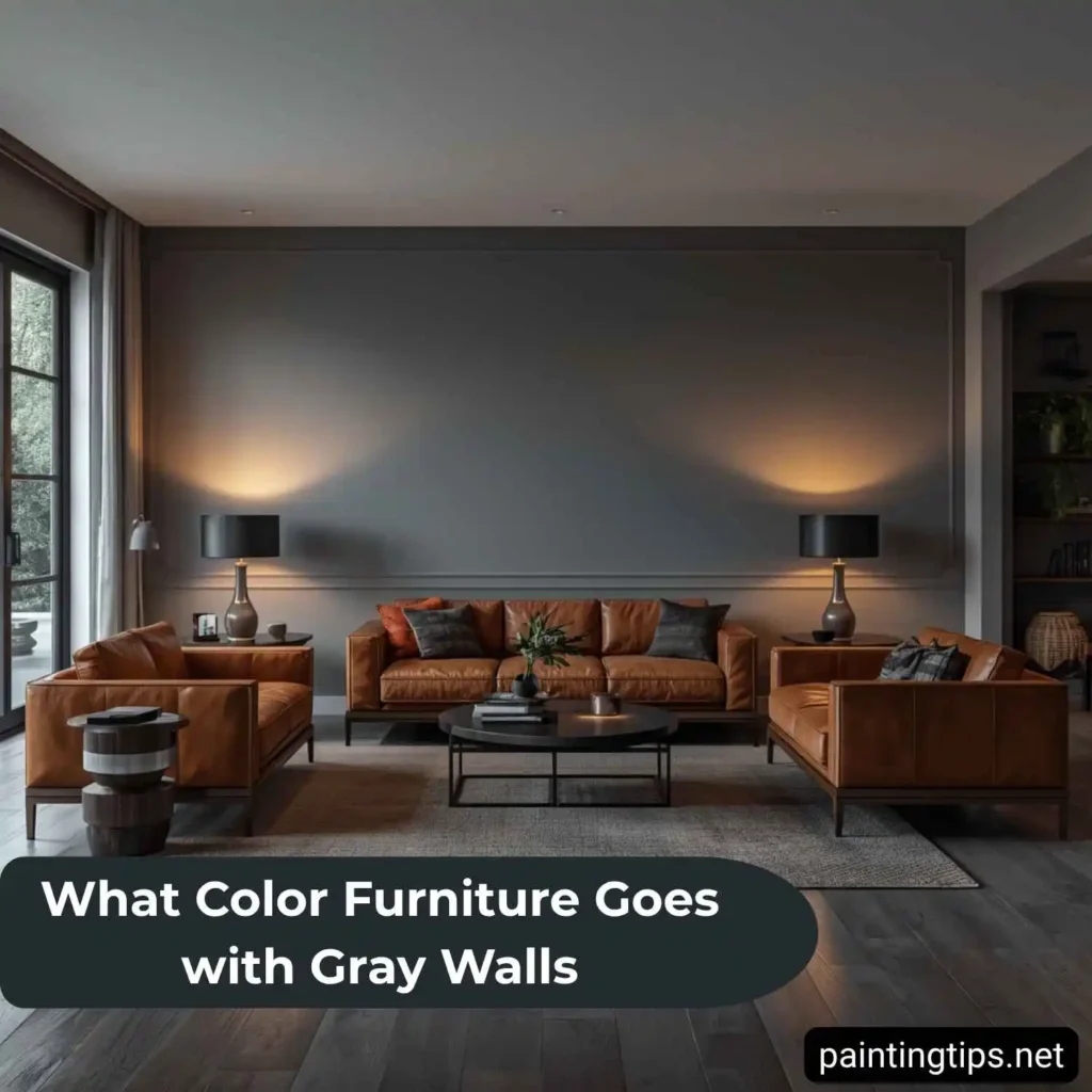 Brown leather couch with gray walls.