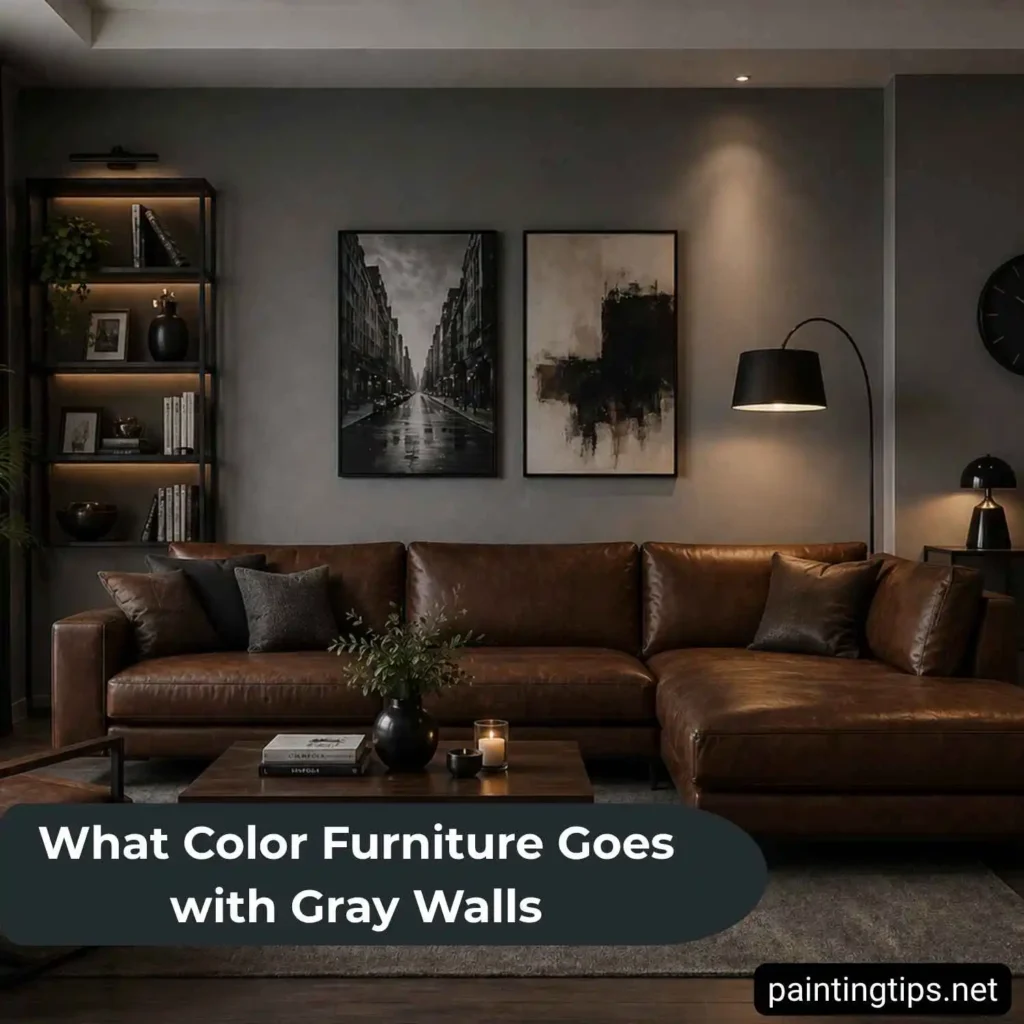 Brown leather sofa with gray walls.