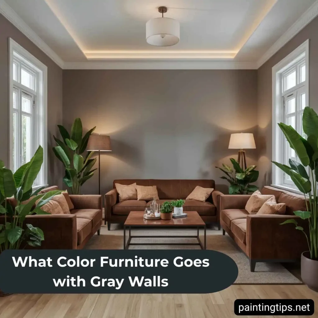 Brown sofa with gray walls