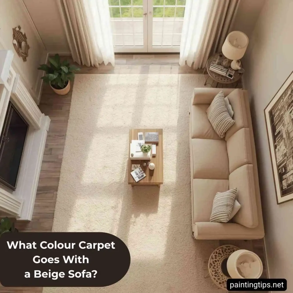 Cream carpet with beige sofa.