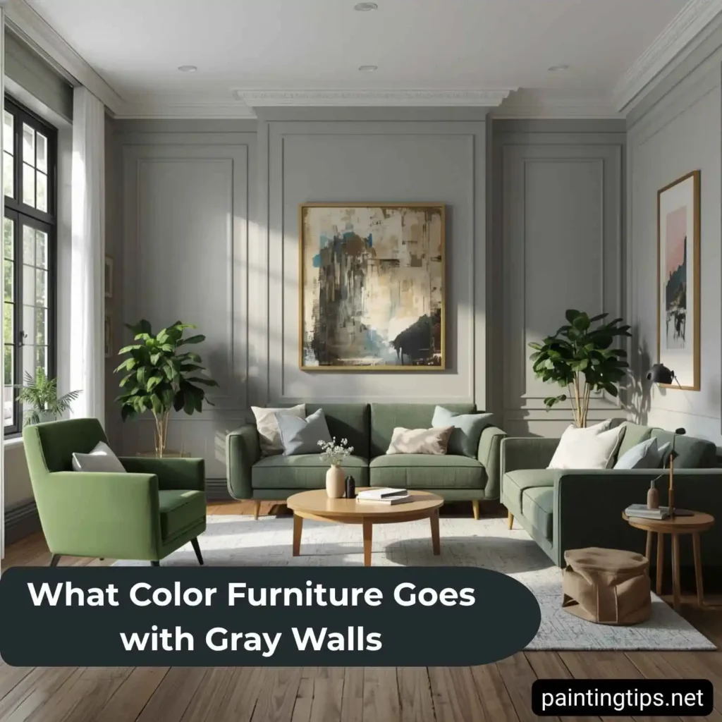 Green couch with gray walls