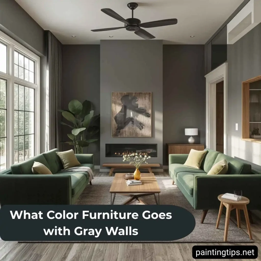 Green sofa with gray walls