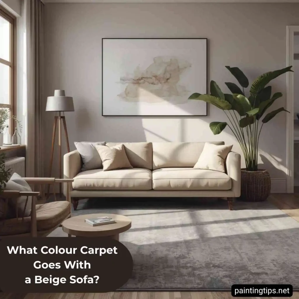 Grey carpet with beige sofa.