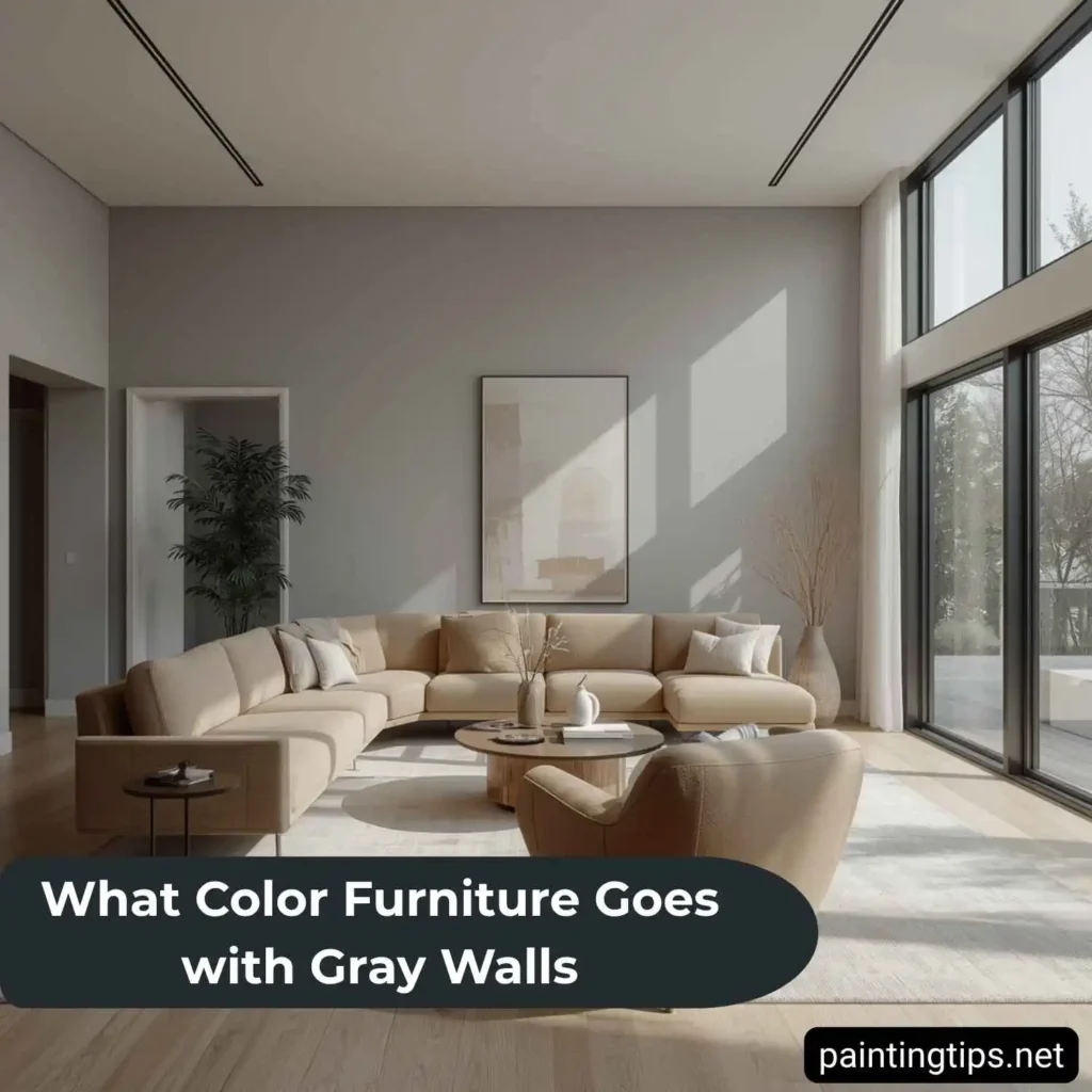 Light brown sofa with gray walls.