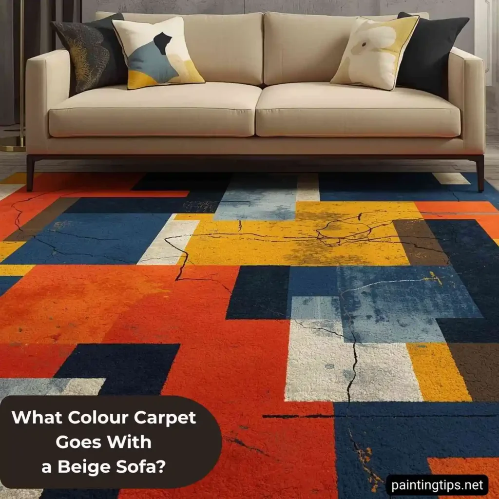 Patterned carpet with beige sofa