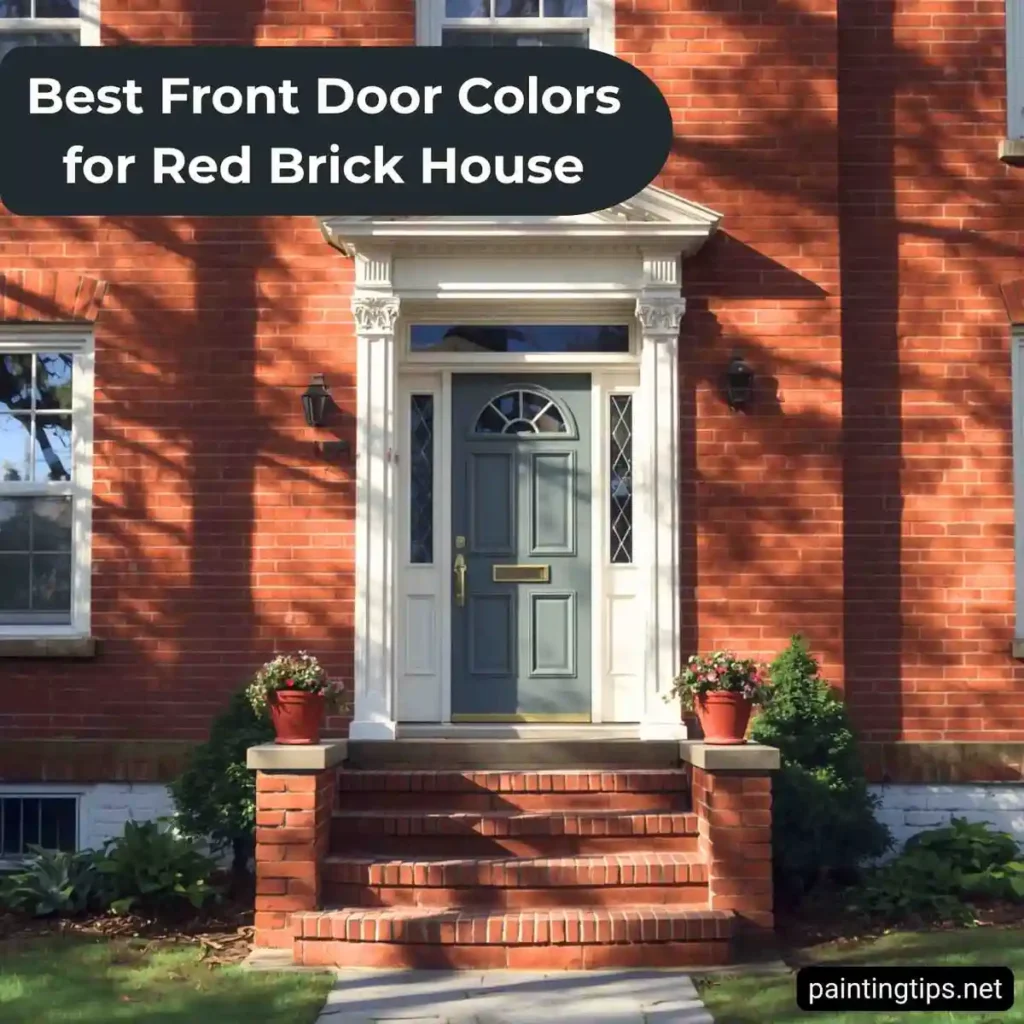 Red brick house front gray doors.