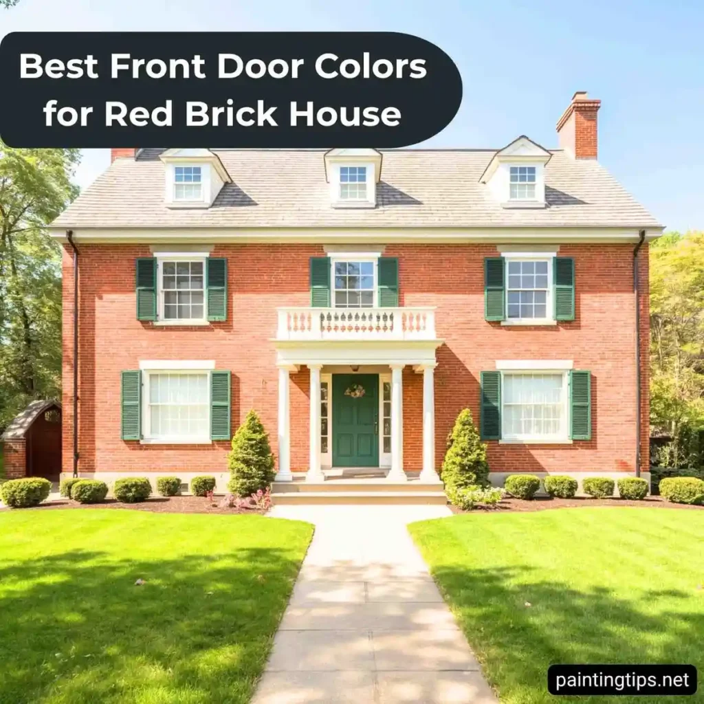 Red brick house front green doors.