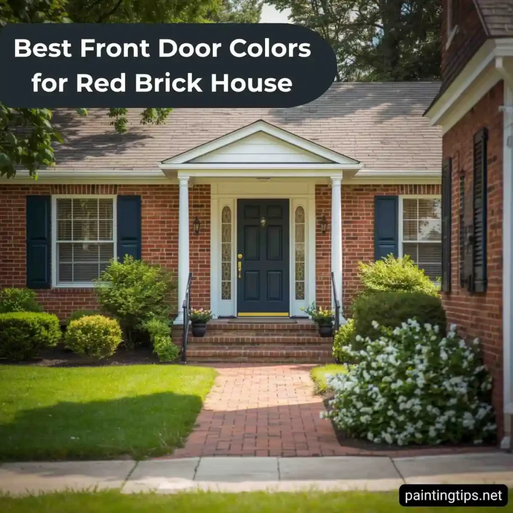 Red brick house front blue doors.