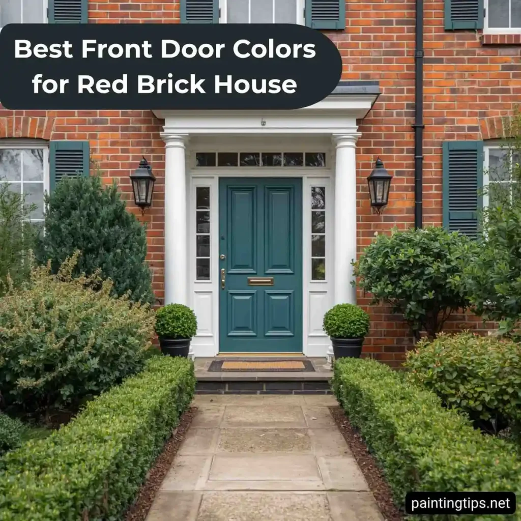 Red brick house front teal door.