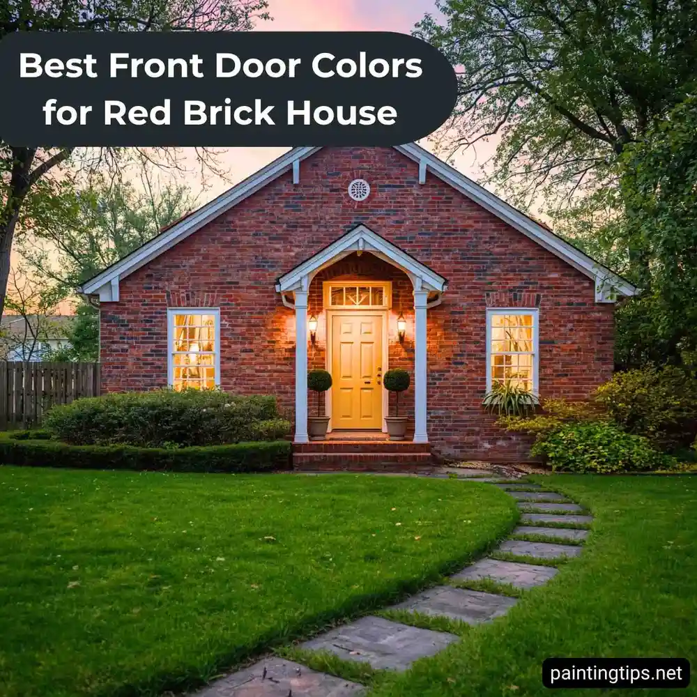Red brick house front yellow door.