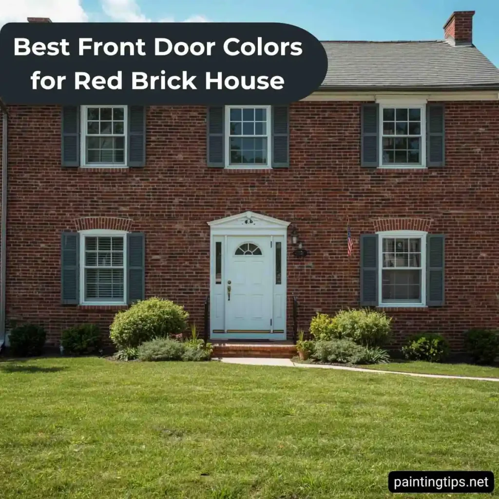 Red brick house front white door.