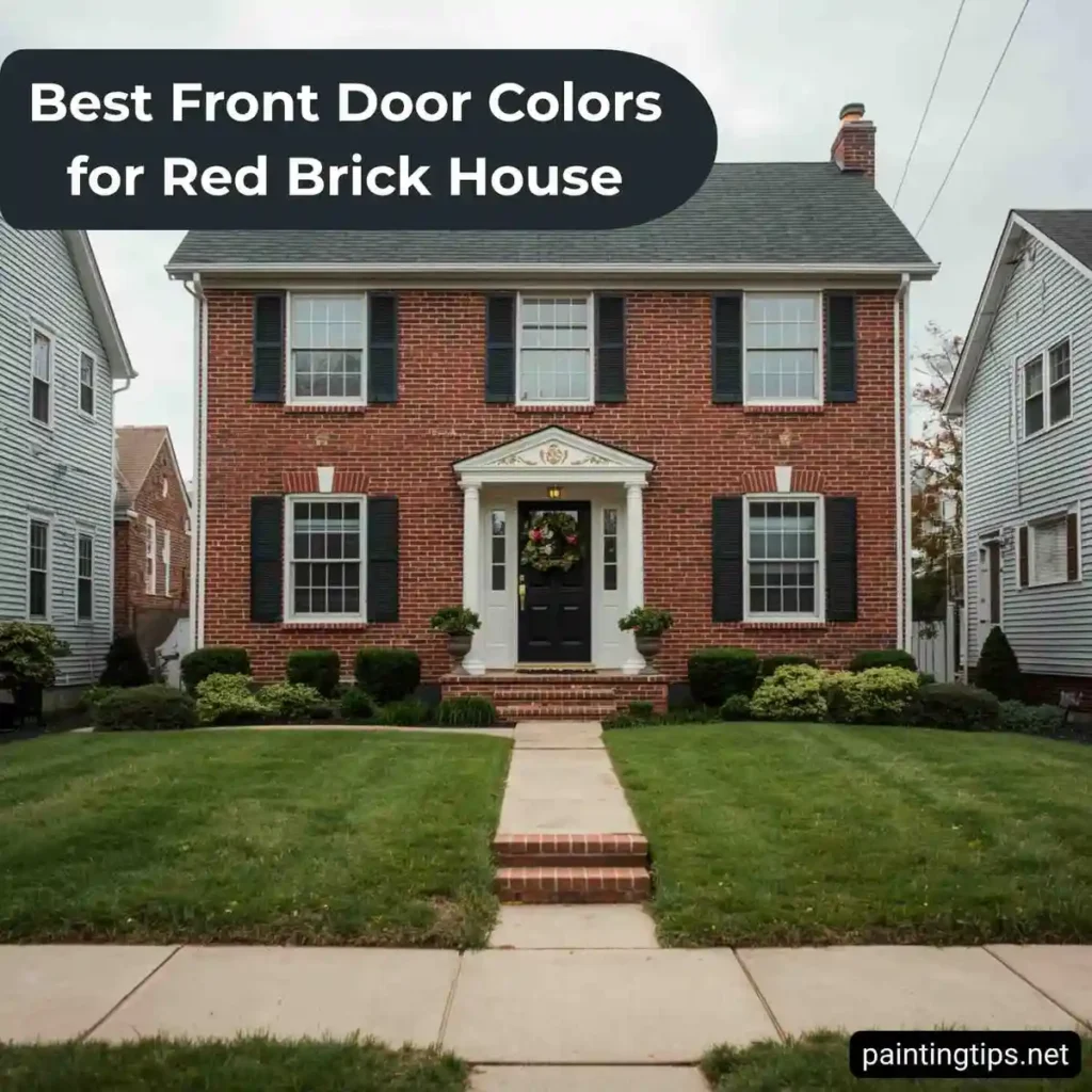Red brick house black front door.