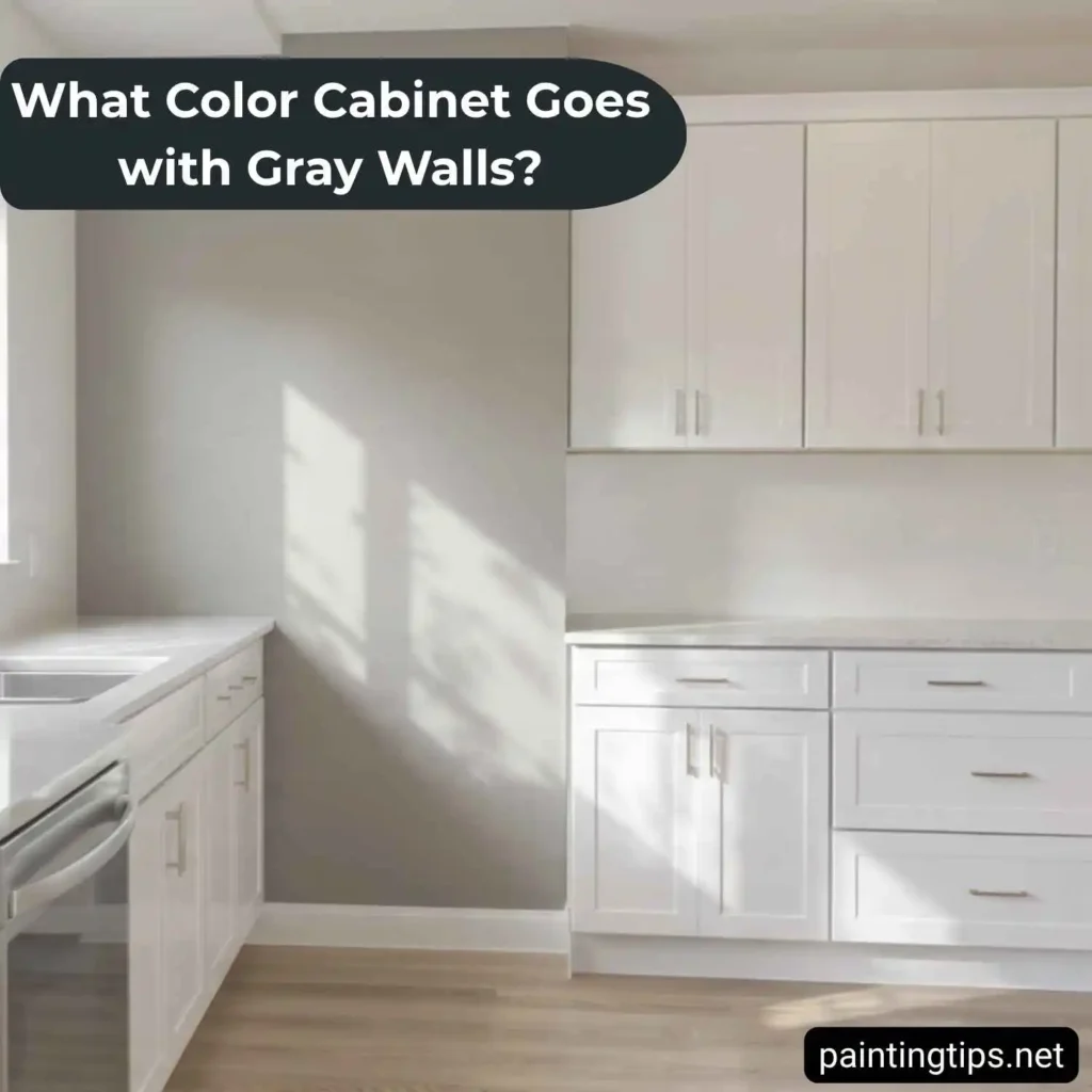 White cabinet with gray walls.