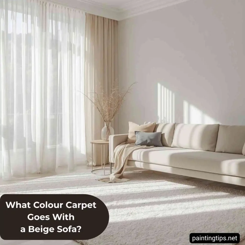 White carpet with beige sofa.
