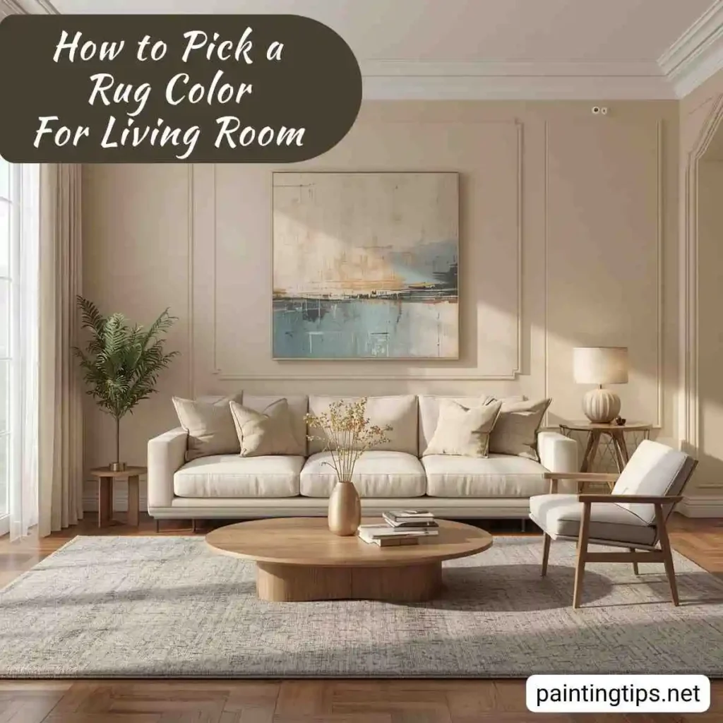 Beige walls and a gray rug in the living room.