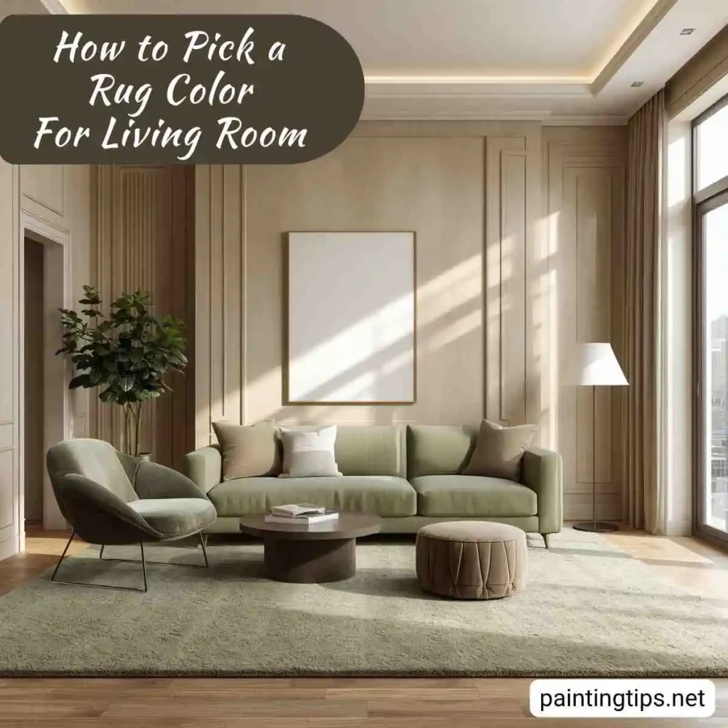 Beige walls and a green rug in the living room.