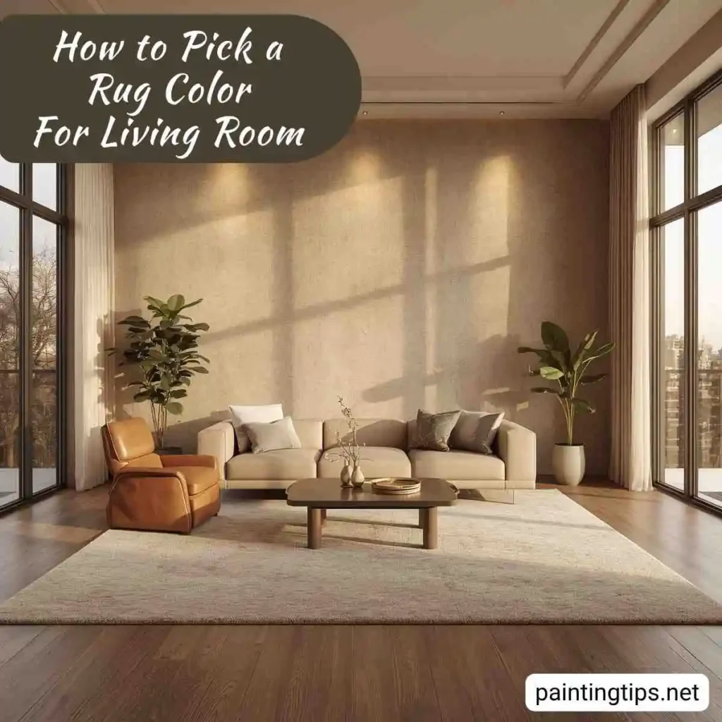 Dark beige walls and a ivory rug in the living room.