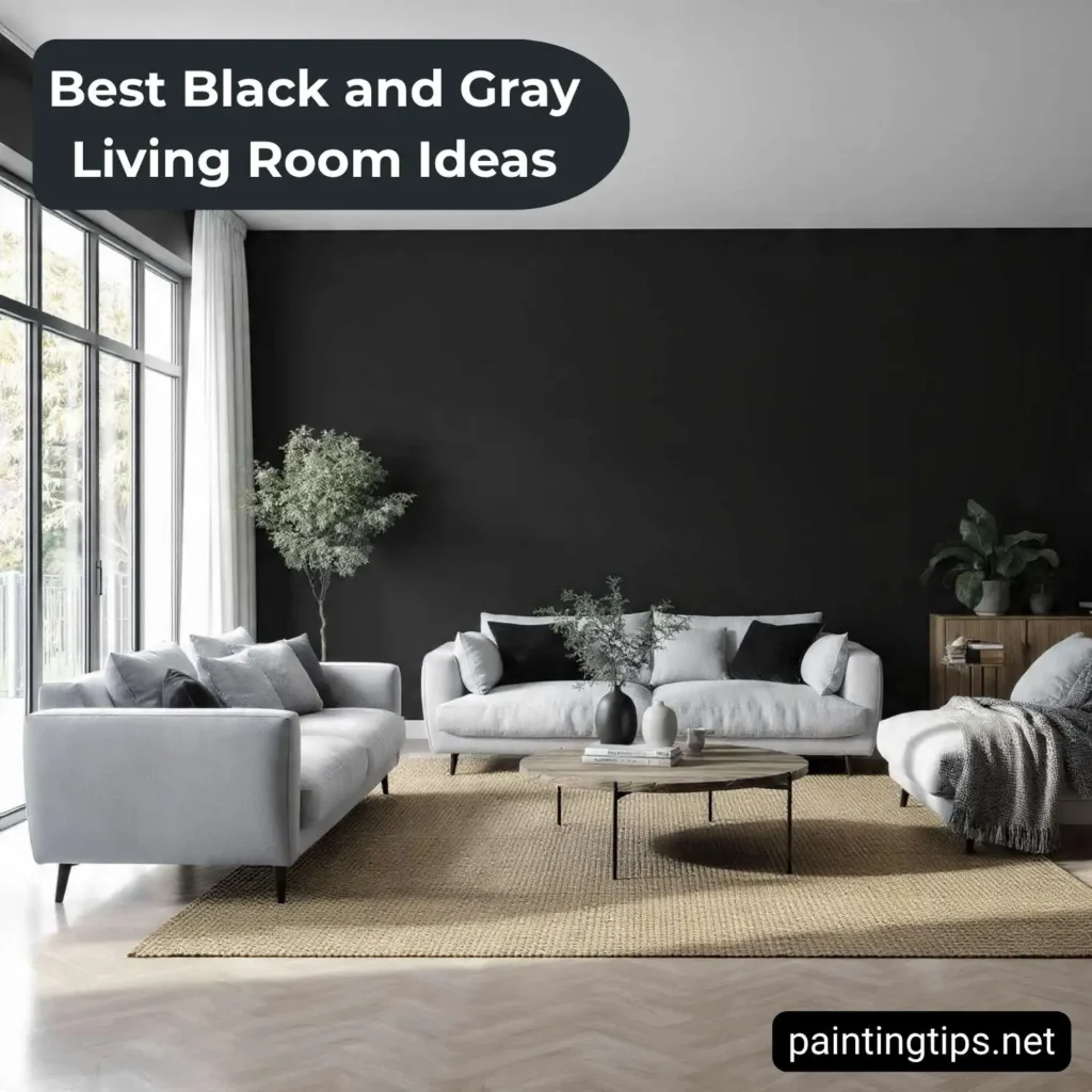 Black living room with light grey sofa and armchairs.