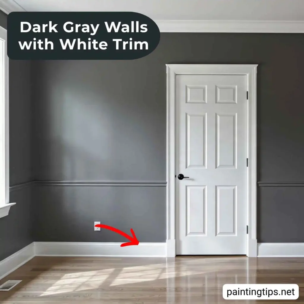 Dark gray walls white trim.