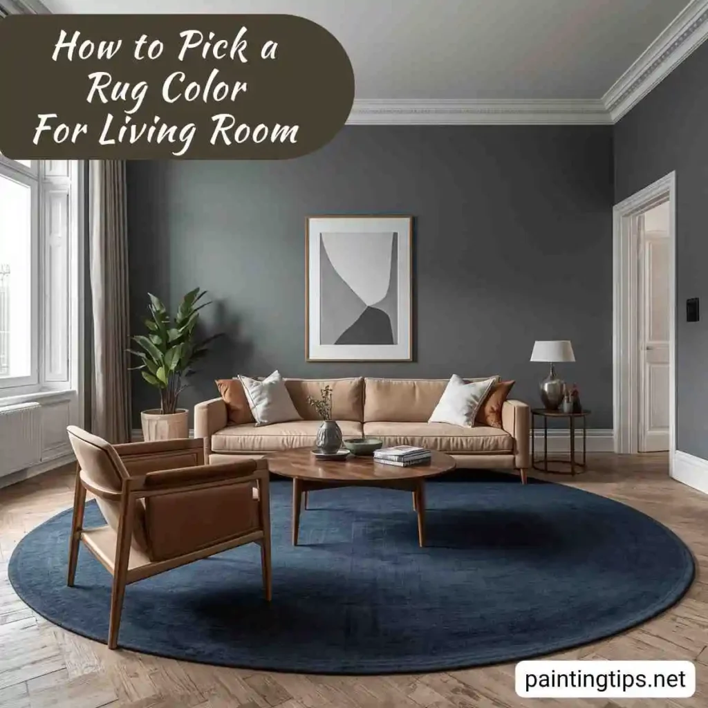 Gray walls and a navy blue rug in the living room.