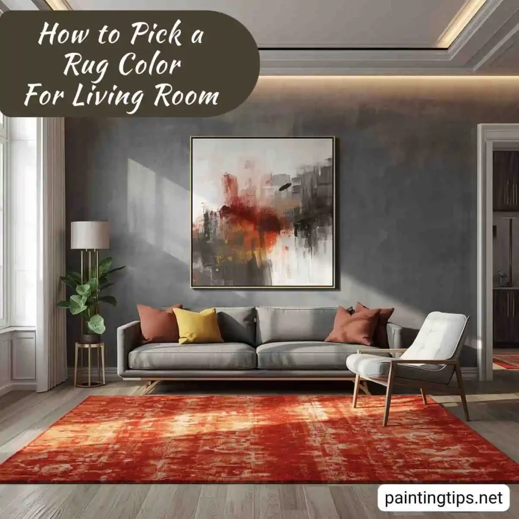 Gray walls and a orange rug in the living room
