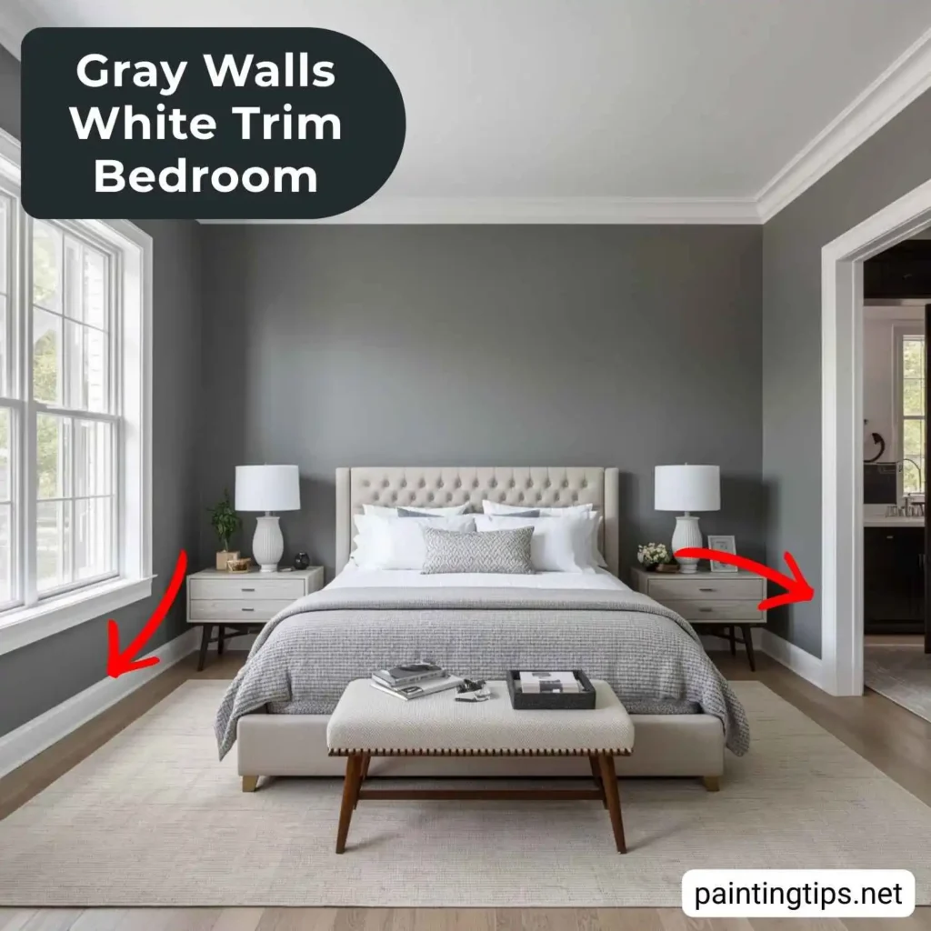 Gray walls white trim bedroom.