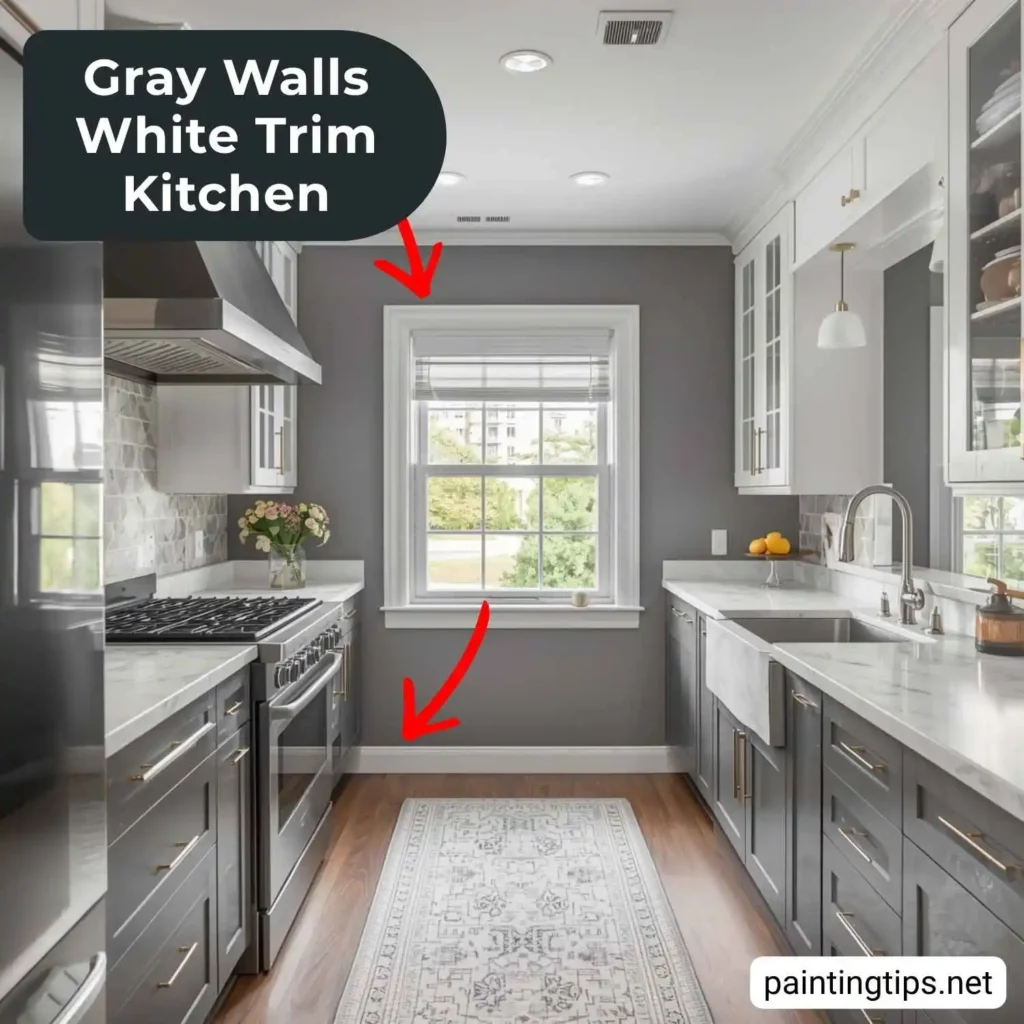 Gray walls white trim kitchen.