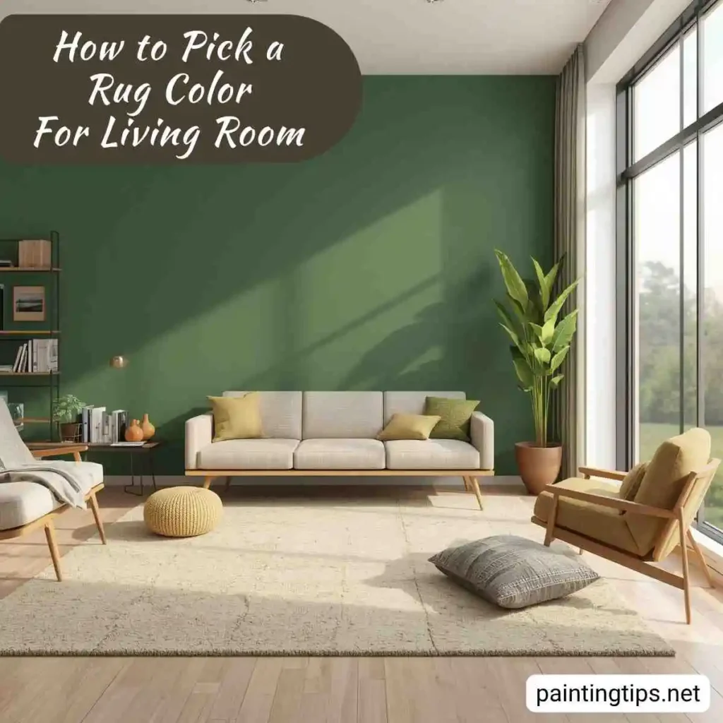 Green walls and a cream-colored rug in the living room.