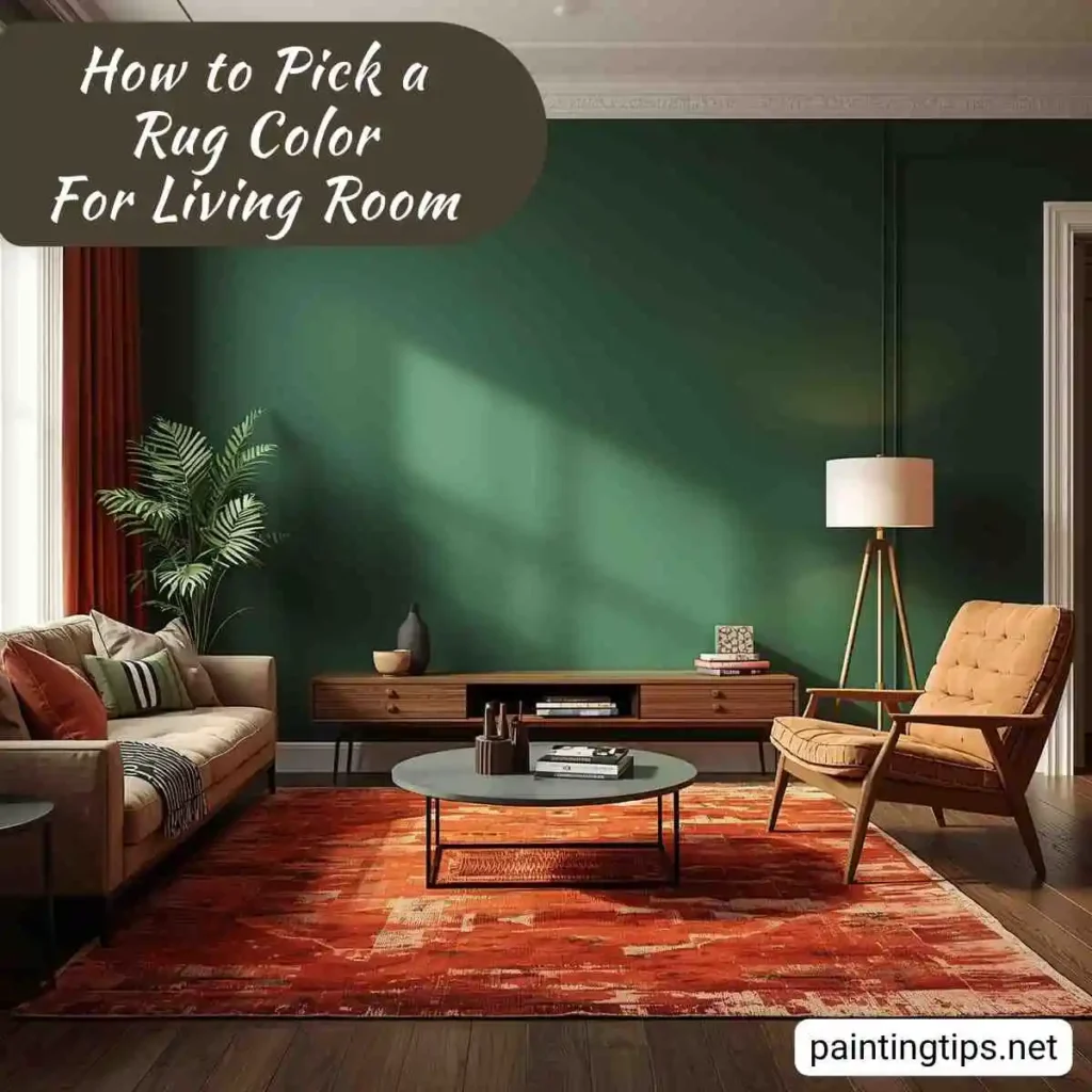 Green walls and a rust-colored rug in the living room.