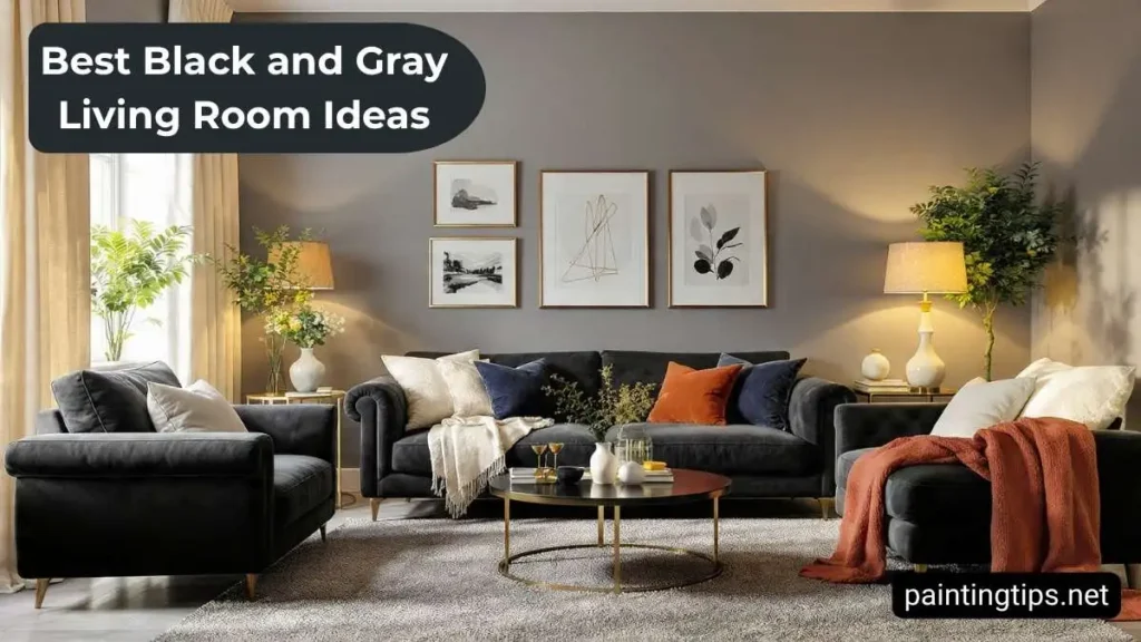 Grey living room with accent colors.