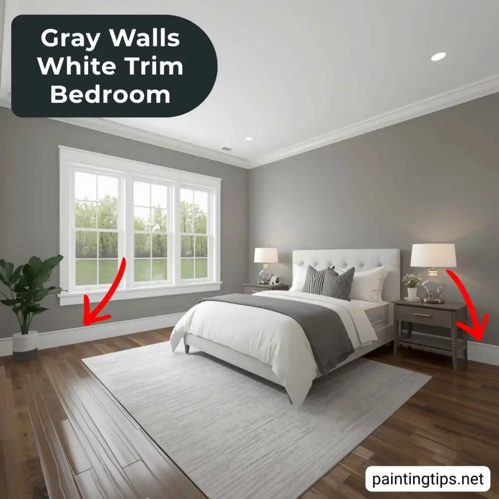 Grey walls white trim bedroom.