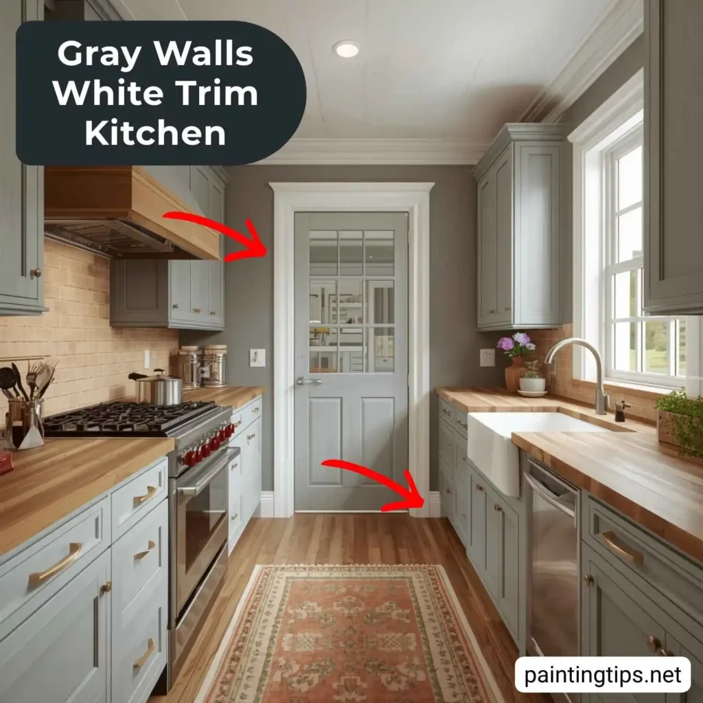 Grey walls white trim kitchen.