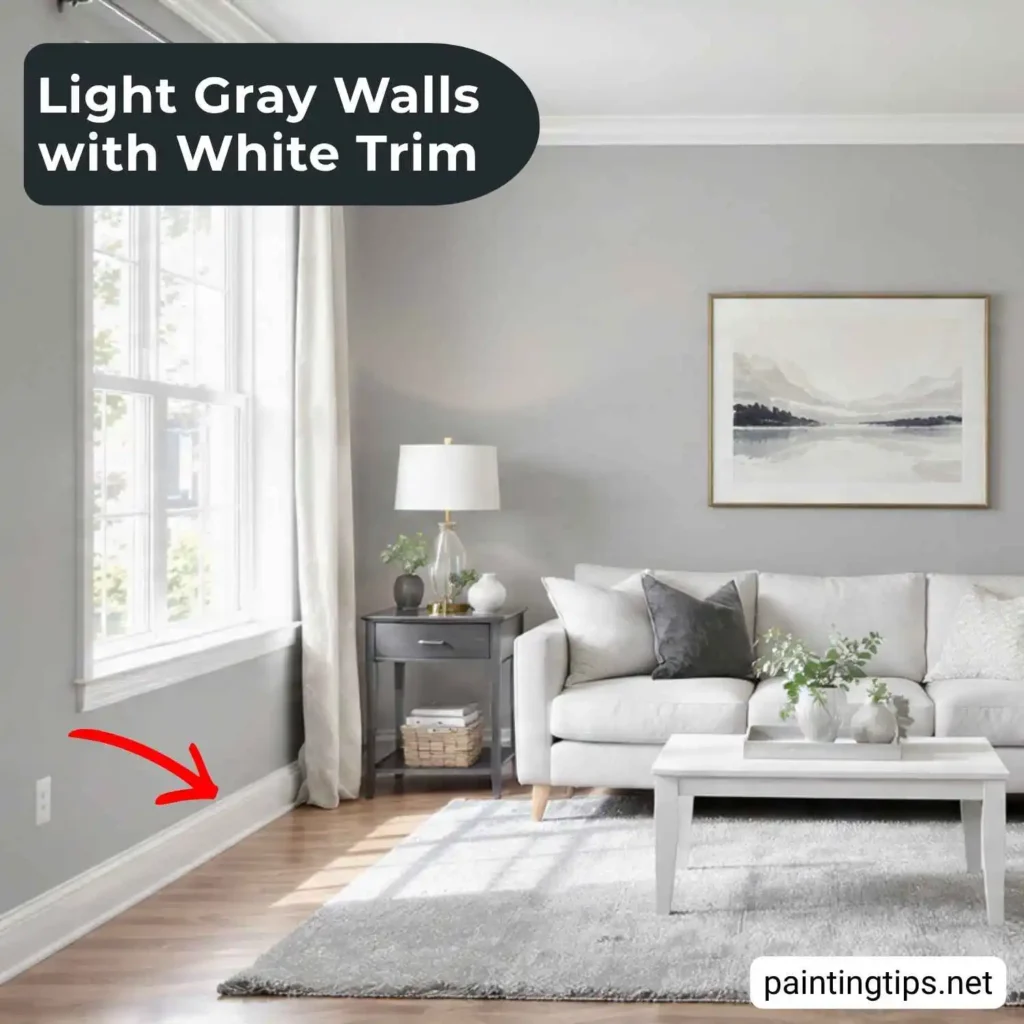 Light gray walls white trim.