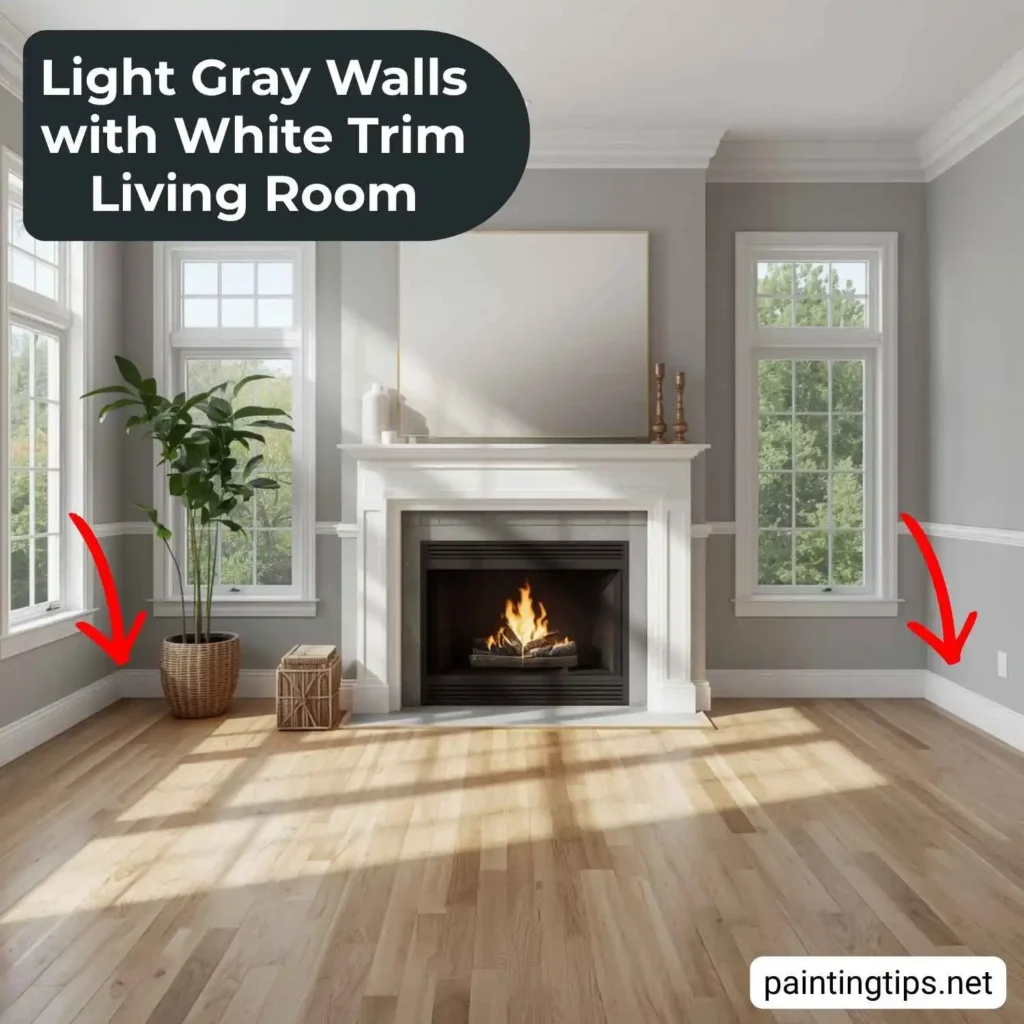 Light gray walls white trim living room.