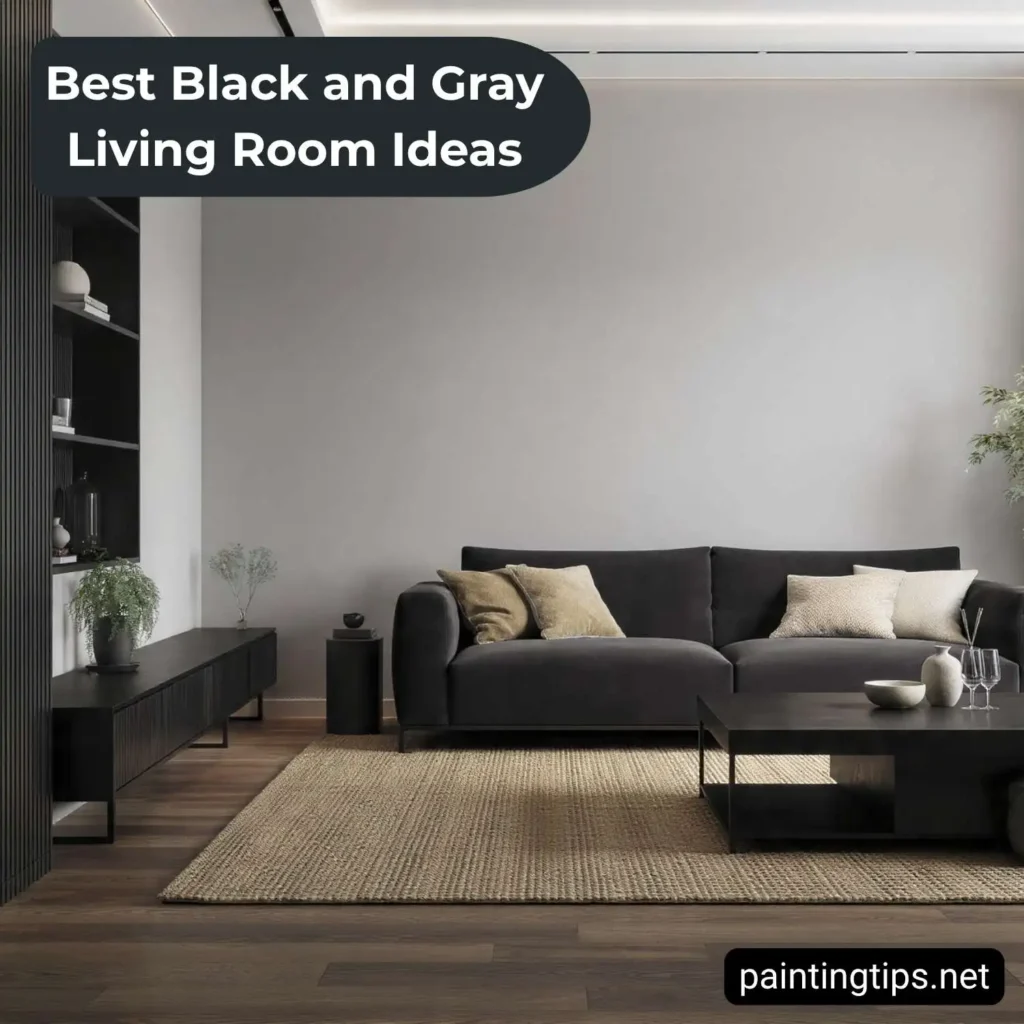 Light grey living room with black sofa.