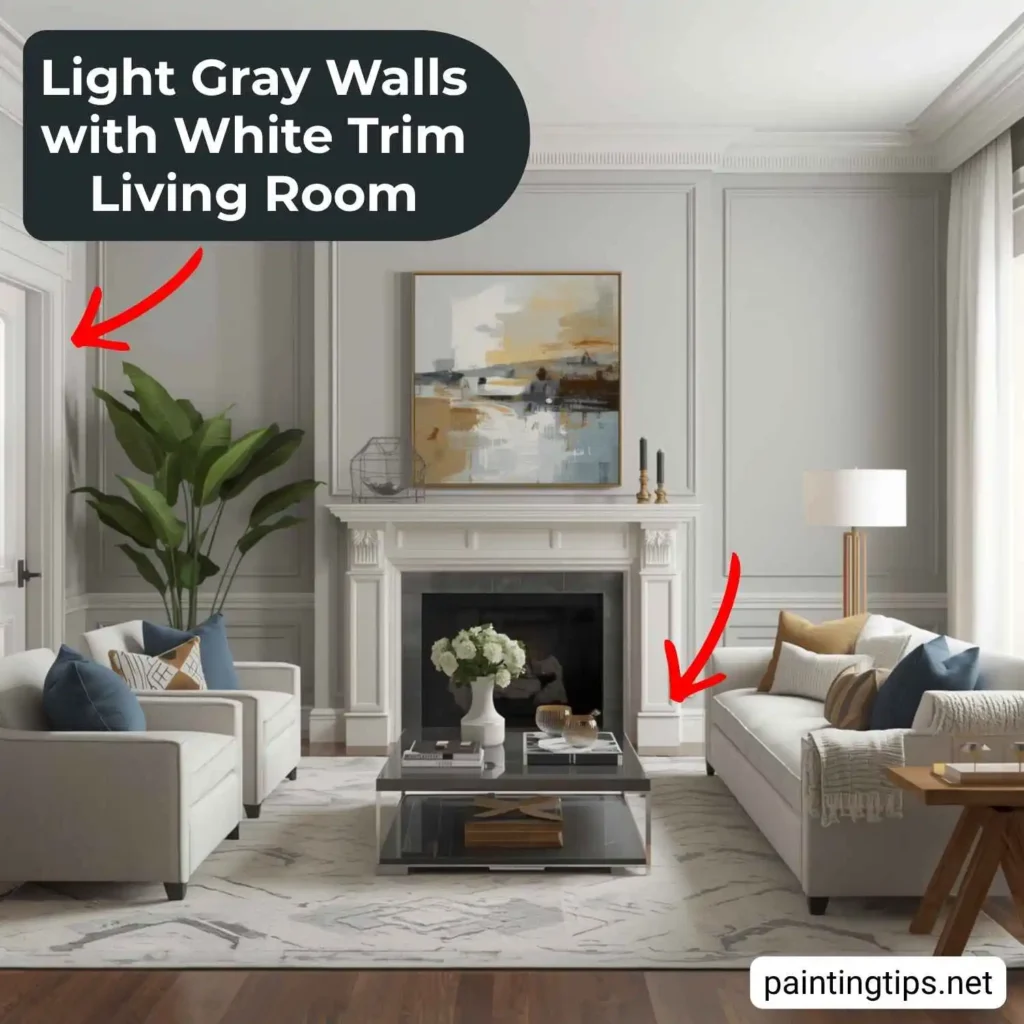 Light grey walls white trim living room.