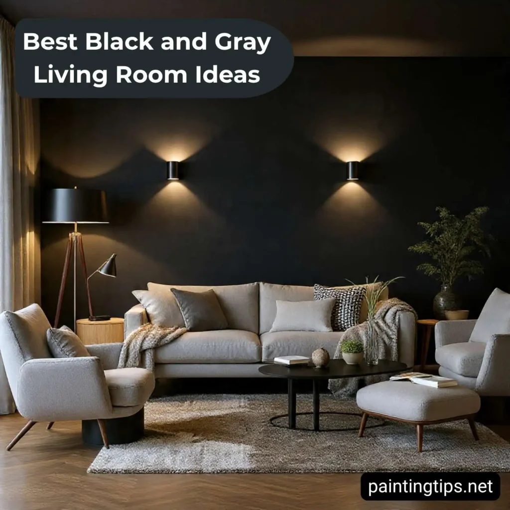 Grey sofa and chairs against black walls accent