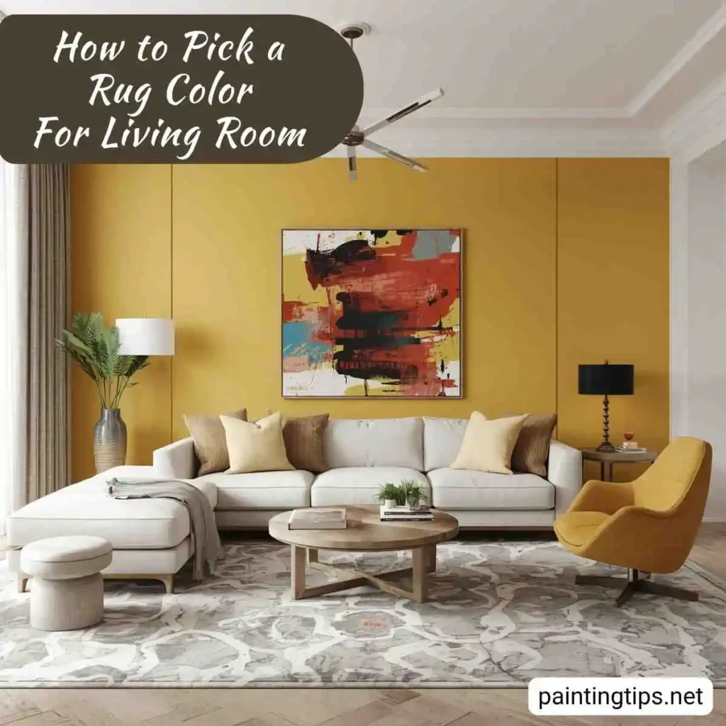 Mustard yellow walls and a patterned in the living room.