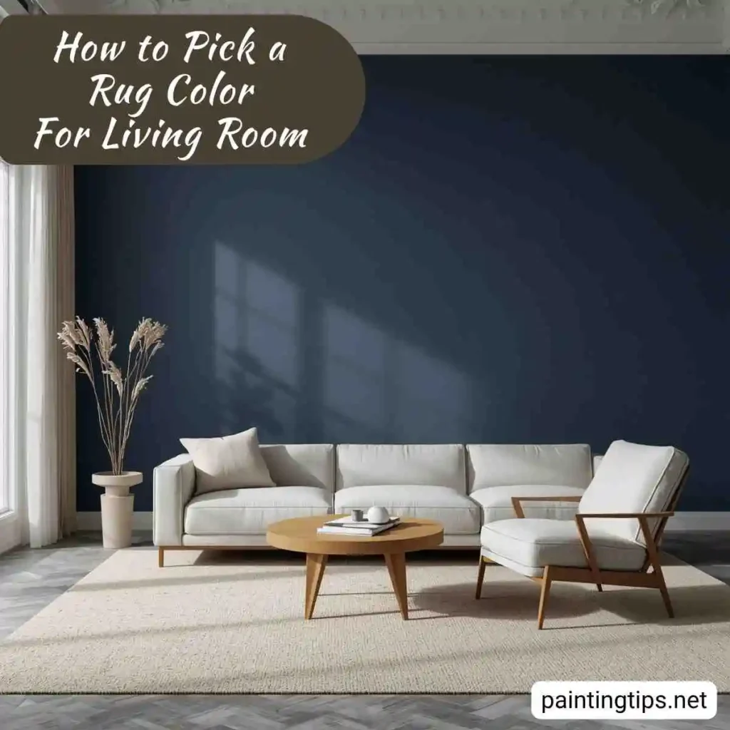 Navy blue walls and a beige rug in the living room.