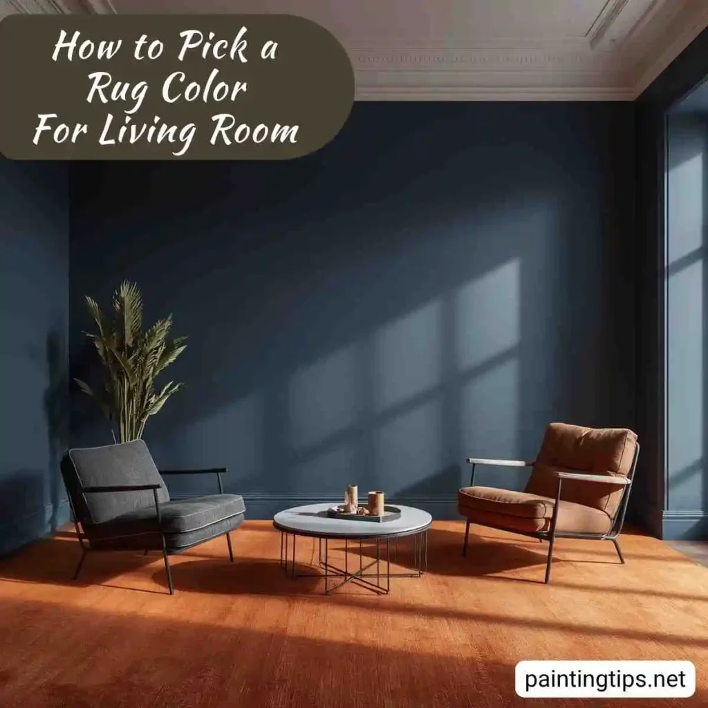 Navy blue walls and a rust-colored rug in the living room.