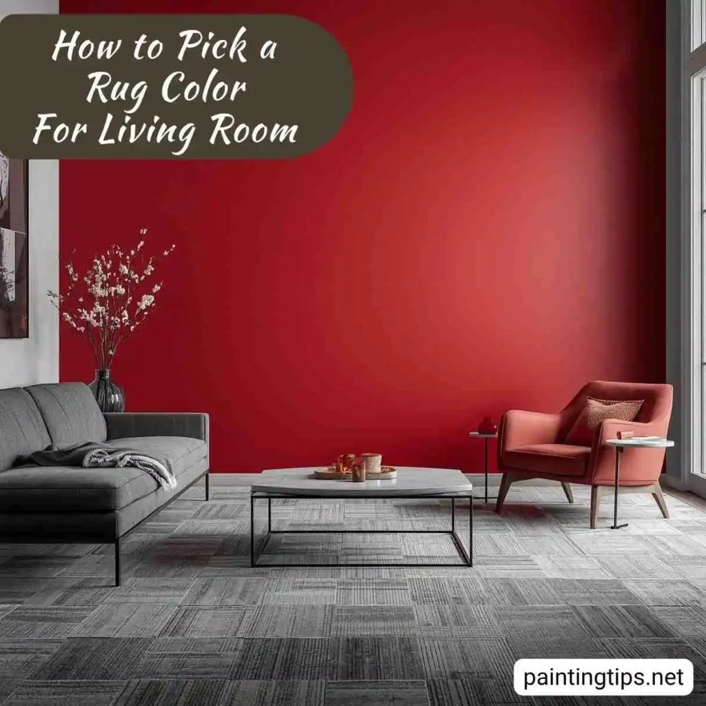 Red walls and a gray rug in the living room.