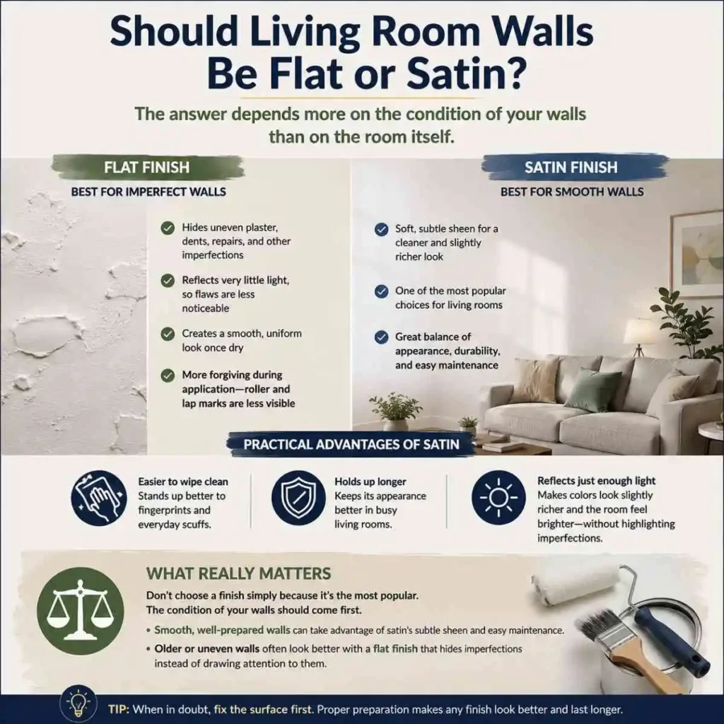 Should living room walls be flat or satin.