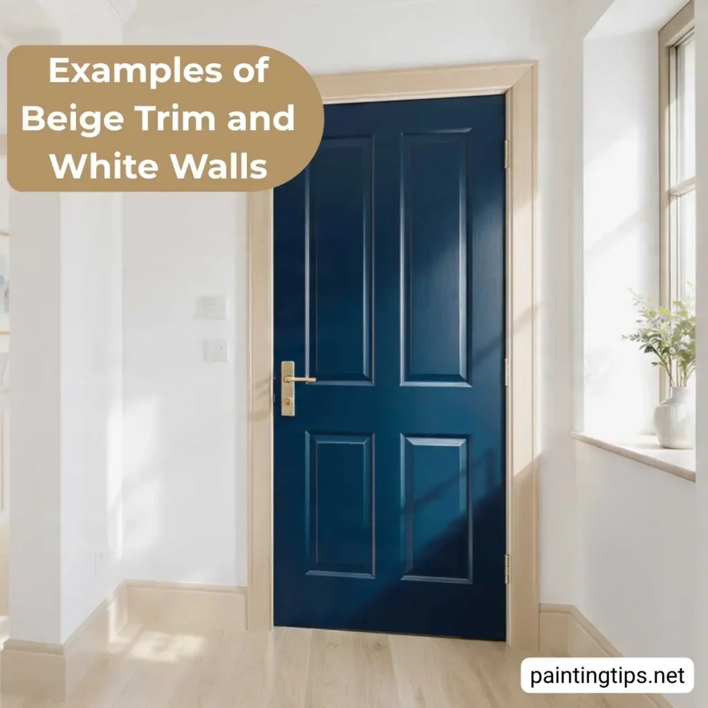White walls, beige trim, and dark interior doors