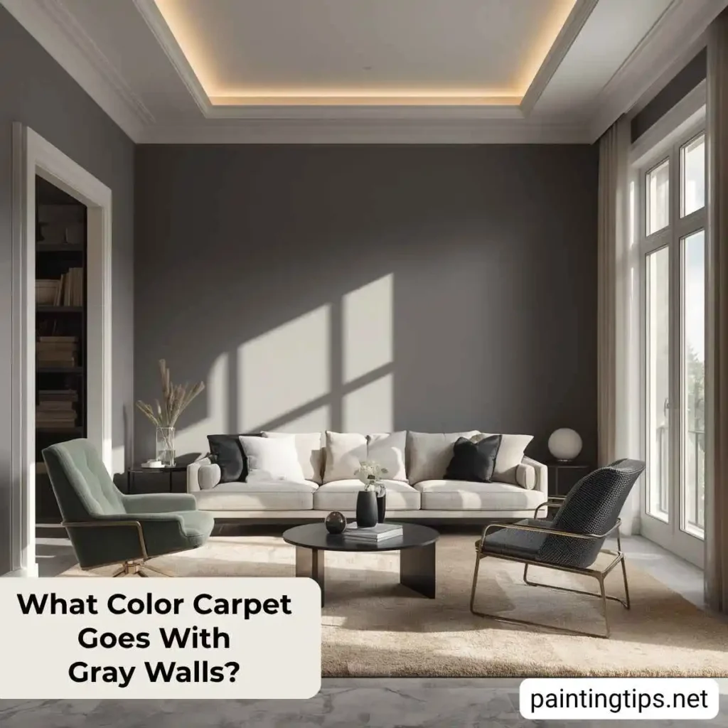 Gray walls with beige carpet.