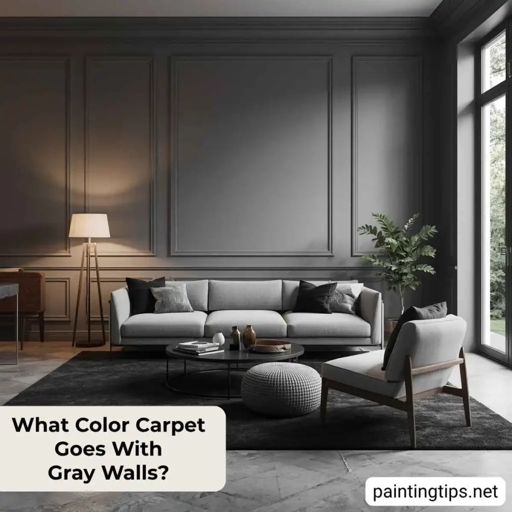 Gray walls with black carpet.
